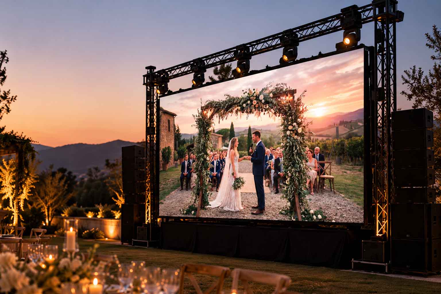 Pantalla LED modular instalada como elemento principal de un evento elegante